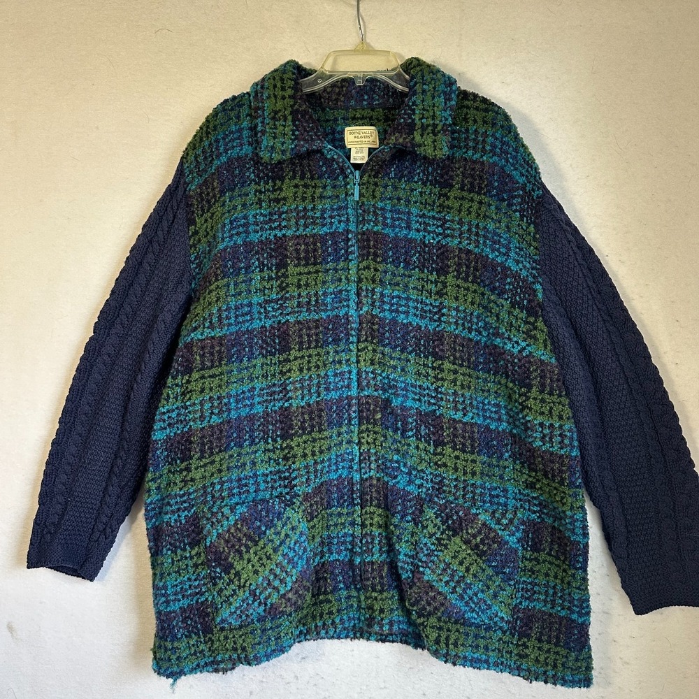 Vtg BOYNE VALLEY WEAVERS Jacket Ireland Handmade Women XXL Wool blue Knit Zip